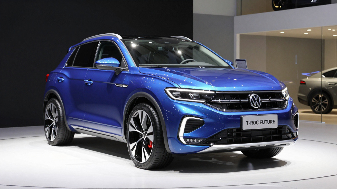 Carro SUV Volkswagen T-Roc Future azul exibido em estande, vista frontal e lateral direita.