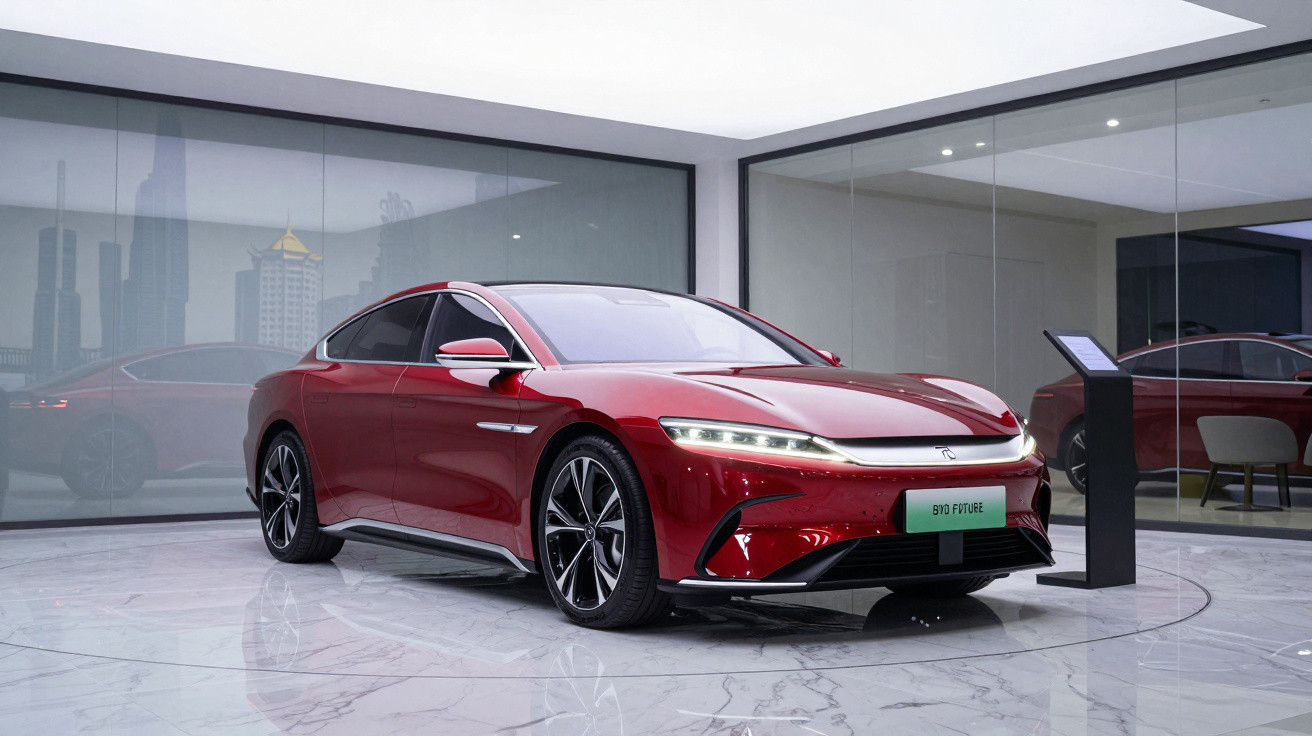 Carro elétrico esportivo vermelho exposto em showroom moderno com piso branco e paredes de vidro.