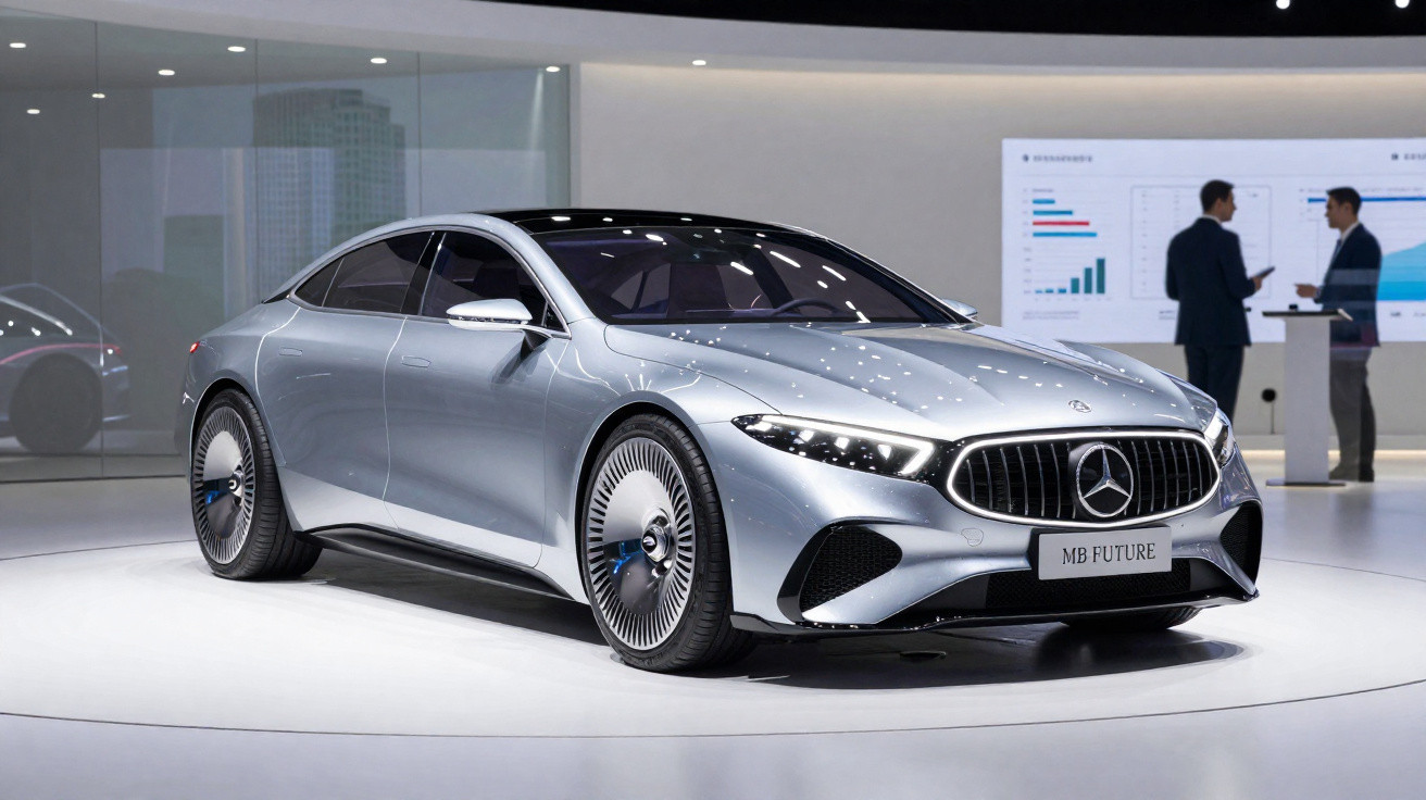 Carro conceito elétrico Mercedes-Benz prateado exposto em salão automotivo moderno com duas pessoas ao fundo.