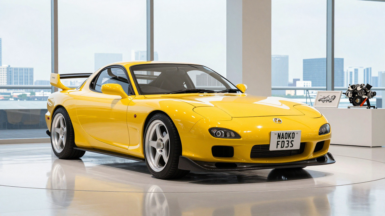 Carro esportivo amarelo com design clássico em exposição interna, sobre piso brilhante refletivo.