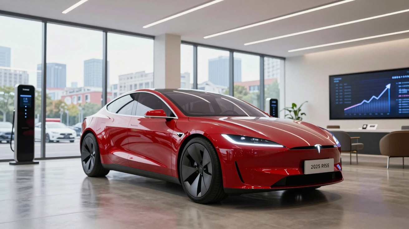 Carro elétrico vermelho Tesla estacionado em ambiente moderno com parede de vidro e tela exibindo gráficos.
