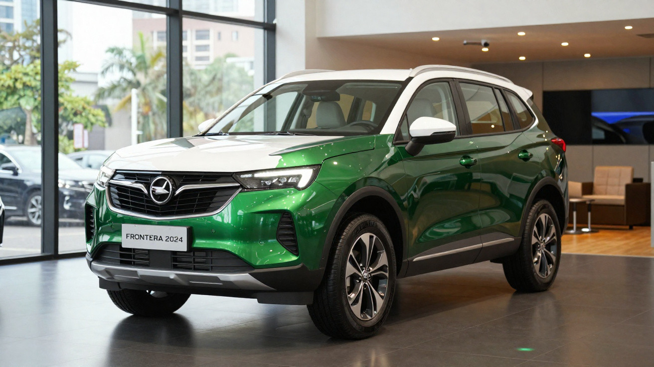 SUV Opel Frontera 2024 verde com teto branco exibido em showroom moderno.