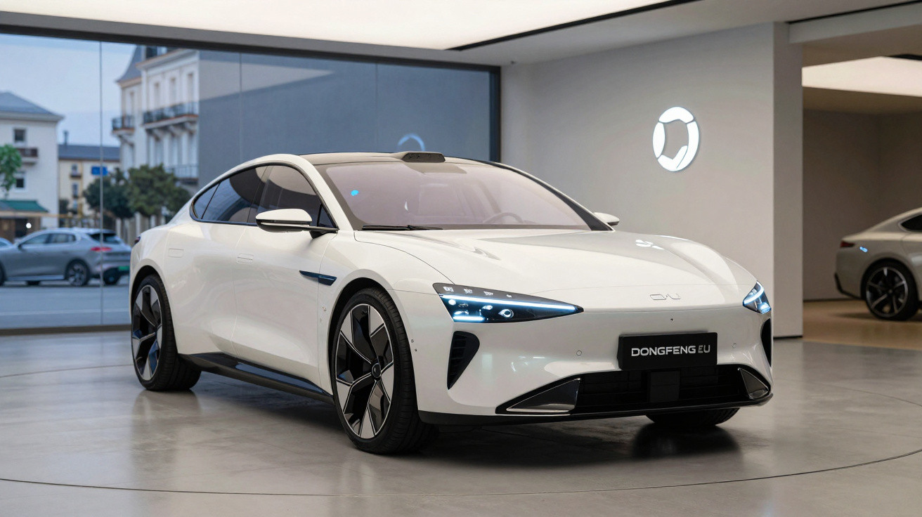 Carro elétrico branco Dongfeng EU exposto em showroom moderno com iluminação suave e design futurista.