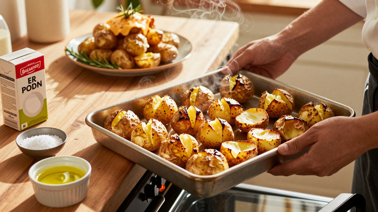 Pessoa retirando assadeira com batatas assadas e crocantes, temperadas com azeite e ervas, da cozinha iluminada.