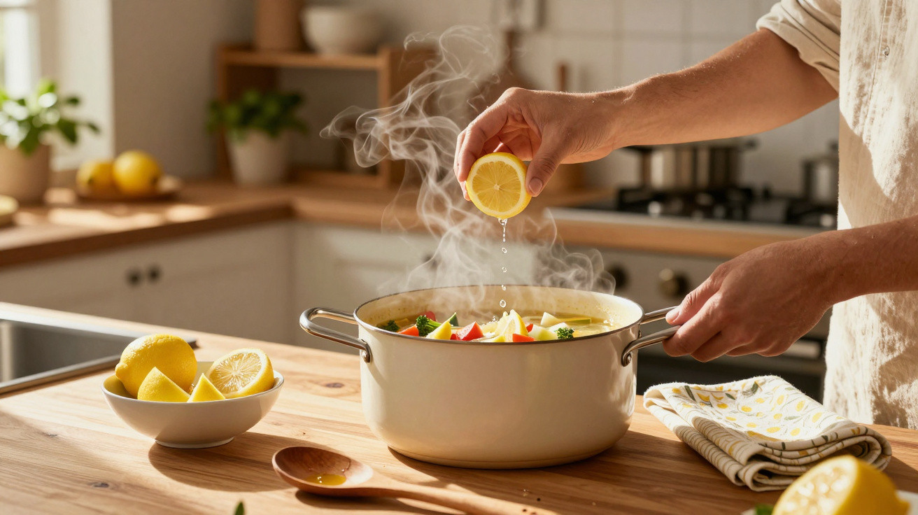 Pessoa espremendo limão em panela com sopa quente em cozinha iluminada e com frutas na bancada.