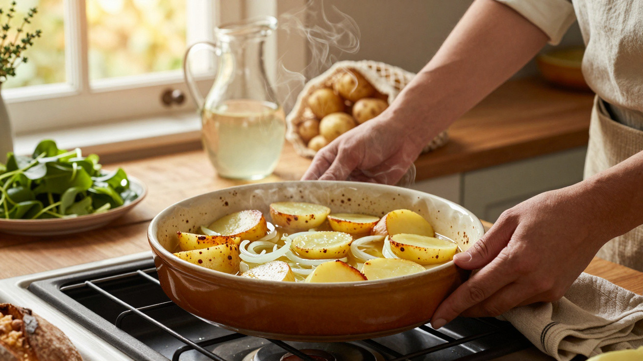 Pessoa segurando panela com batatas assadas e cebolas em fogão, em cozinha iluminada por janela.