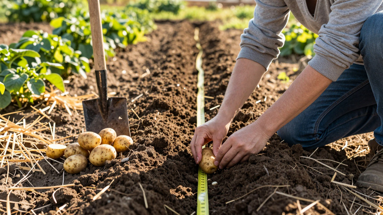 Pessoa plantando batata na terra com régua e pá ao lado em campo de cultivo.