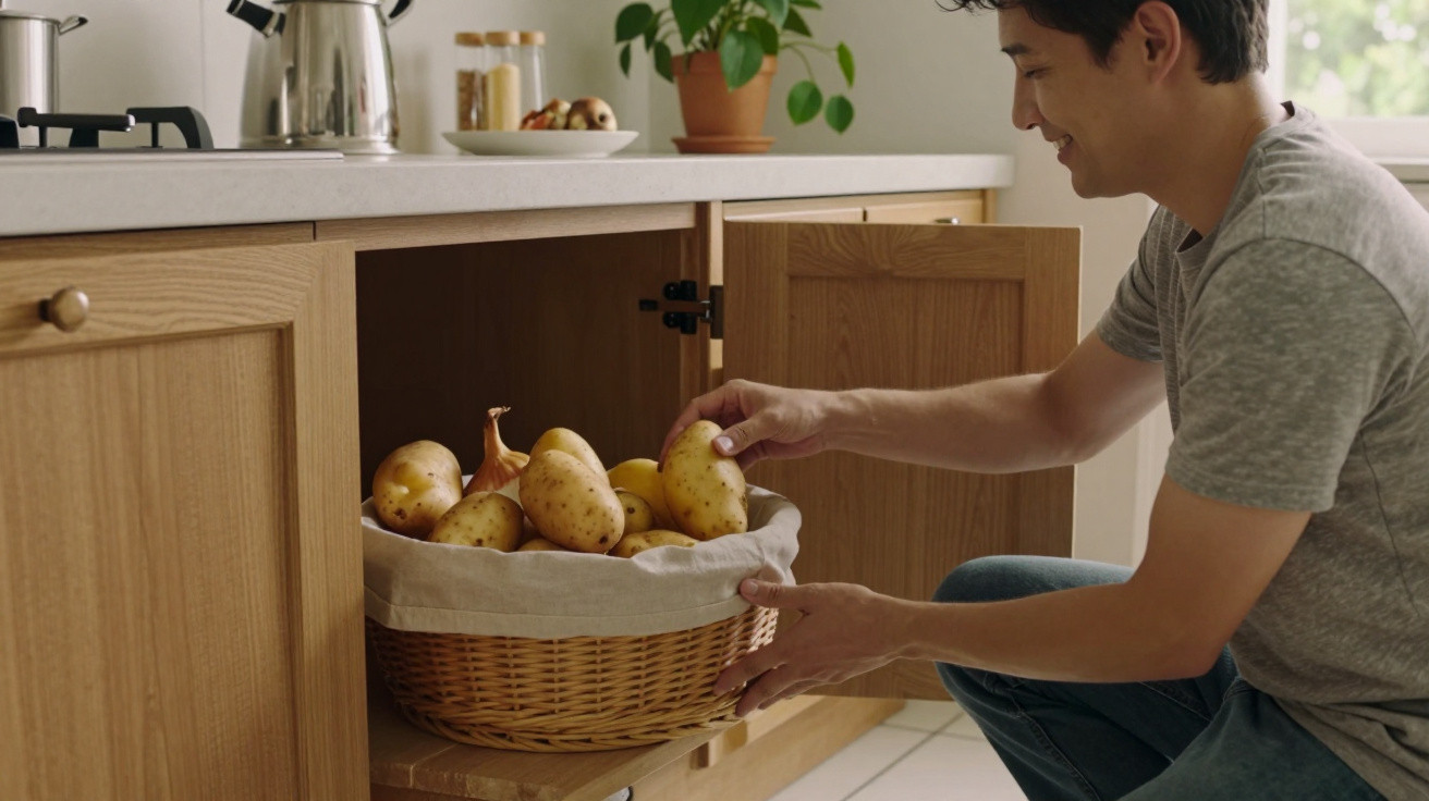 Homem agachado guardando batatas em cesta dentro do armário da cozinha.