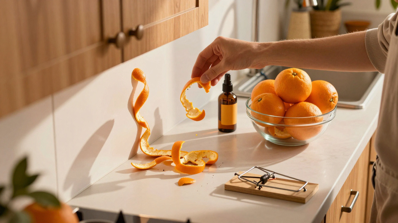 Mão segurando casca de laranja acima de bancada com várias laranjas, frasco âmbar e ratoeira.