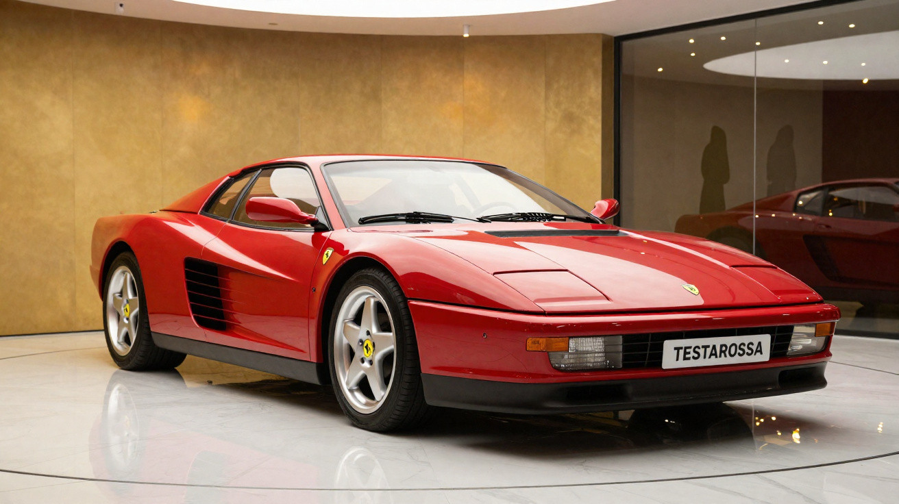 Carro esportivo Ferrari Testarossa vermelho estacionado em ambiente interno com parede bege.