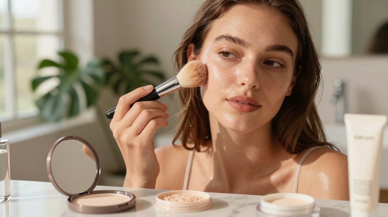 Mulher aplicando maquiagem com pincel em rosto em ambiente com luz natural e plantas ao fundo.