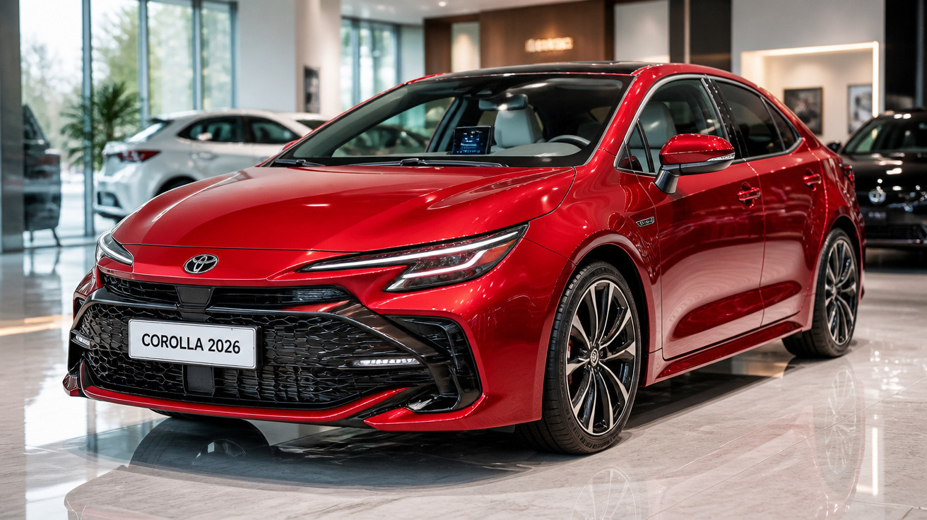 Carro sedan Toyota Corolla 2026 vermelho em exposição em showroom moderno.