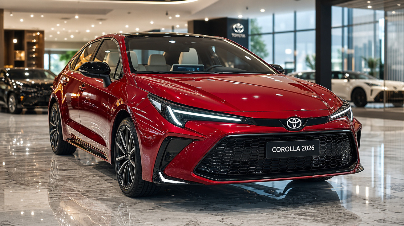 Carro Toyota Corolla 2026 vermelho brilhante em showroom moderno com piso de mármore.