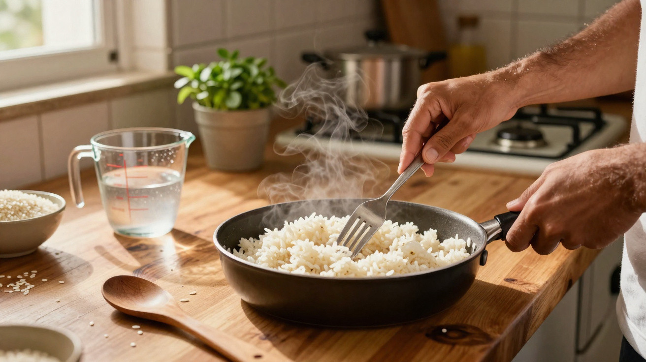 Mãos mexendo arroz branco fumegante em frigideira na bancada de madeira de cozinha iluminada.