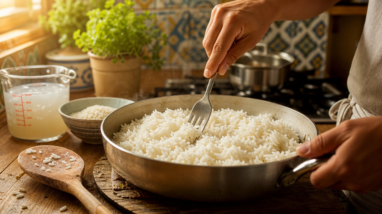 Pessoa mexendo arroz branco cozido em panela na cozinha com utensílios e ingredientes ao fundo.