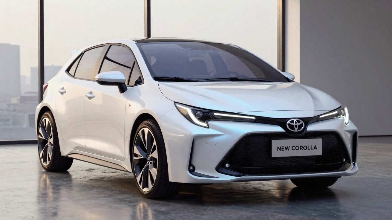 Carro hatchback branco Toyota New Corolla em ambiente interno com piso de cimento polido.