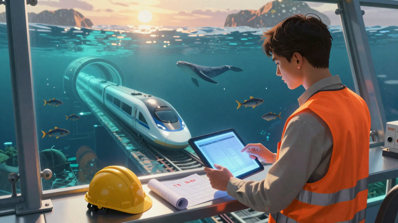 Engenheiro com colete laranja e tablet monitora trem subaquático passando por túnel no oceano ao pôr do sol.