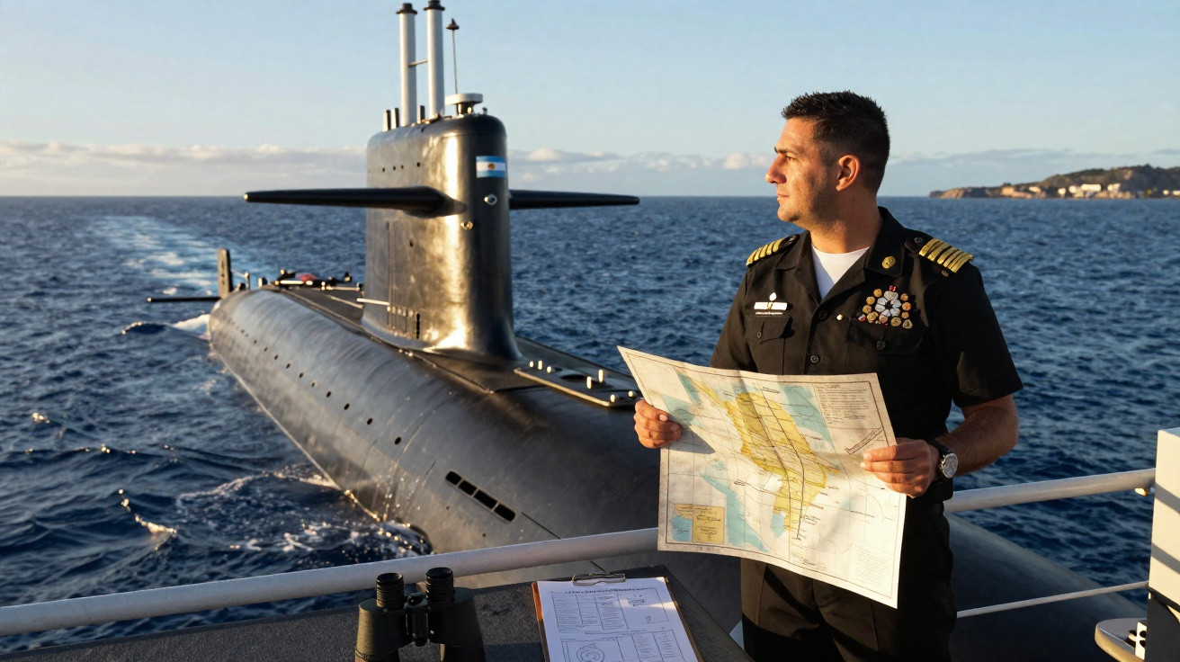 Oficial naval segurando mapa no convés de submarino com mar e ilha ao fundo.