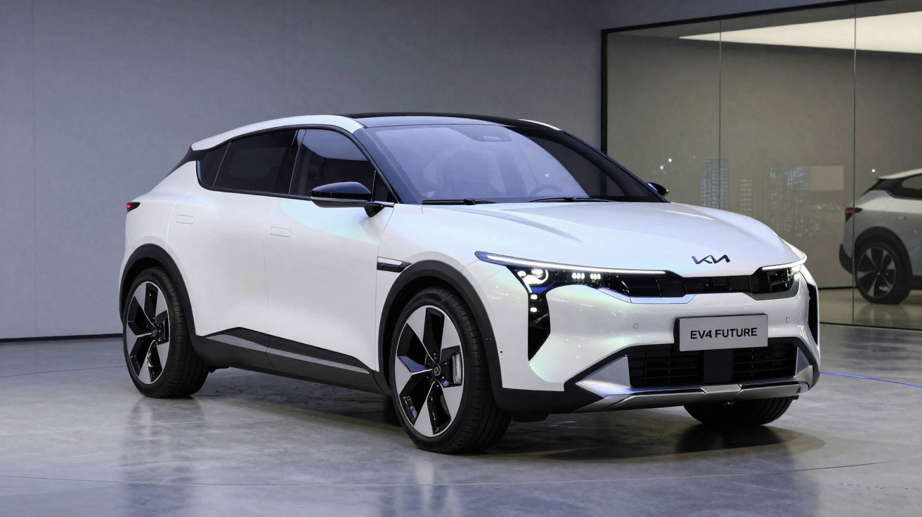 Carro elétrico branco Kia EV4 Future em ambiente interno com design moderno e futurista.