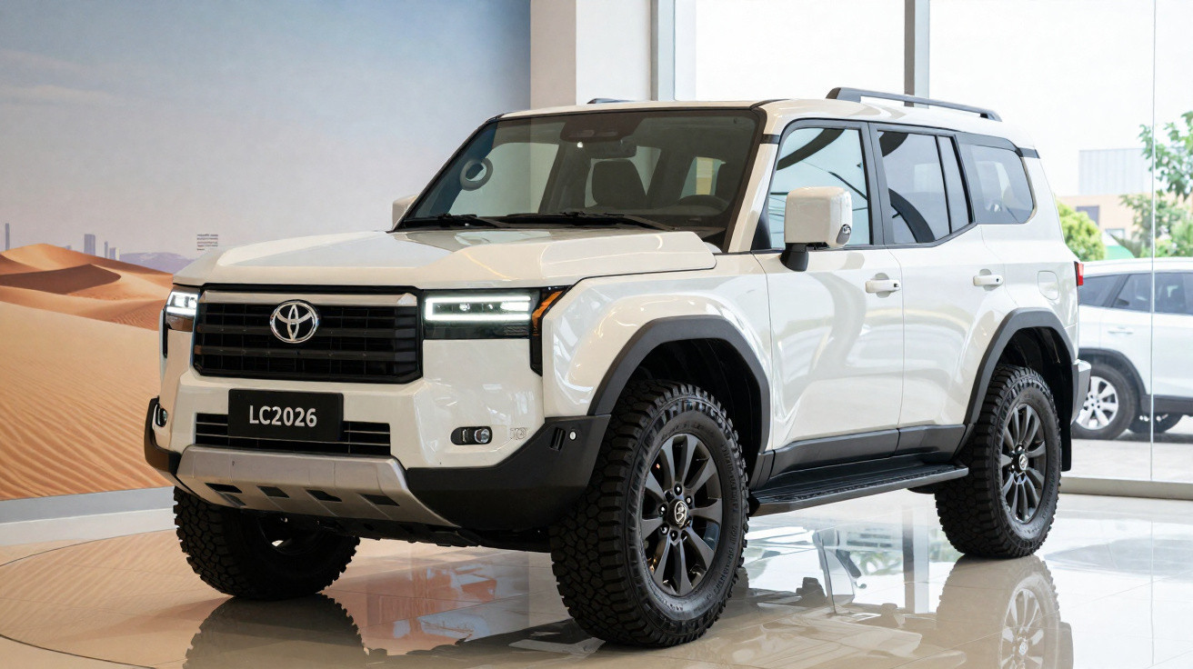 Carro SUV branco Toyota Land Cruiser LC2026 em exposição dentro de showroom moderno.