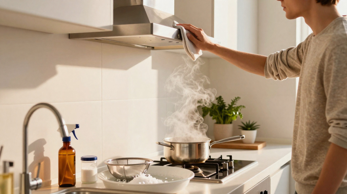 Pessoa limpando coifa acima de panela com vapor em fogão em cozinha clara e organizada.