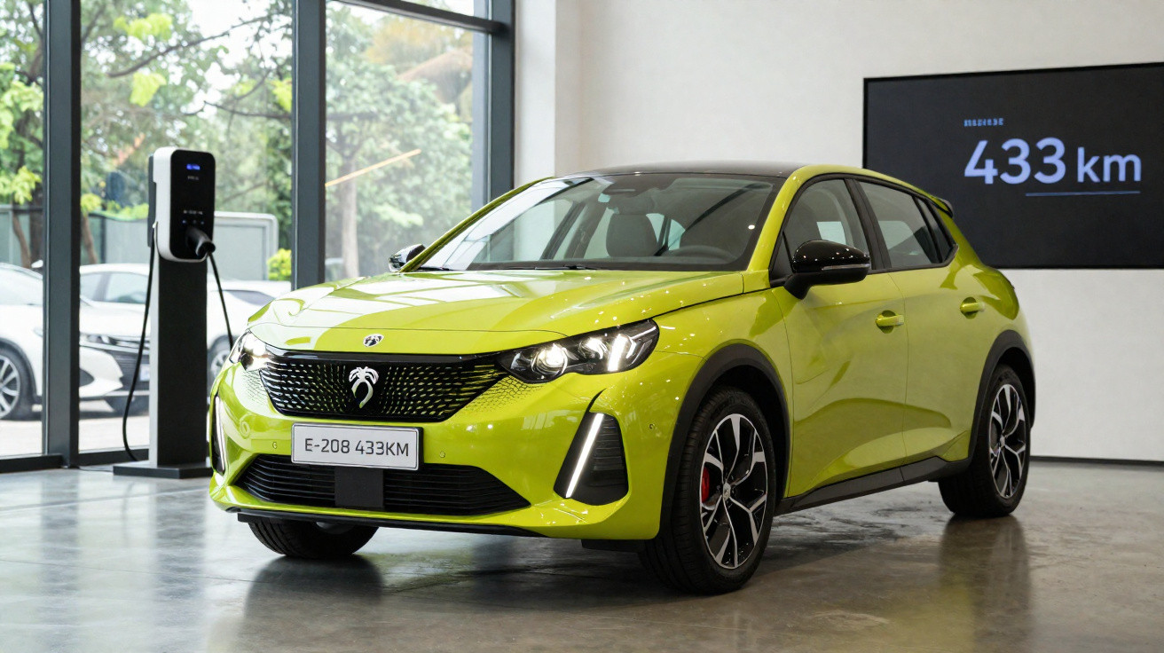 Carro elétrico verde claro estacionado em sala com carregador e painel indicando autonomia de 433 km.