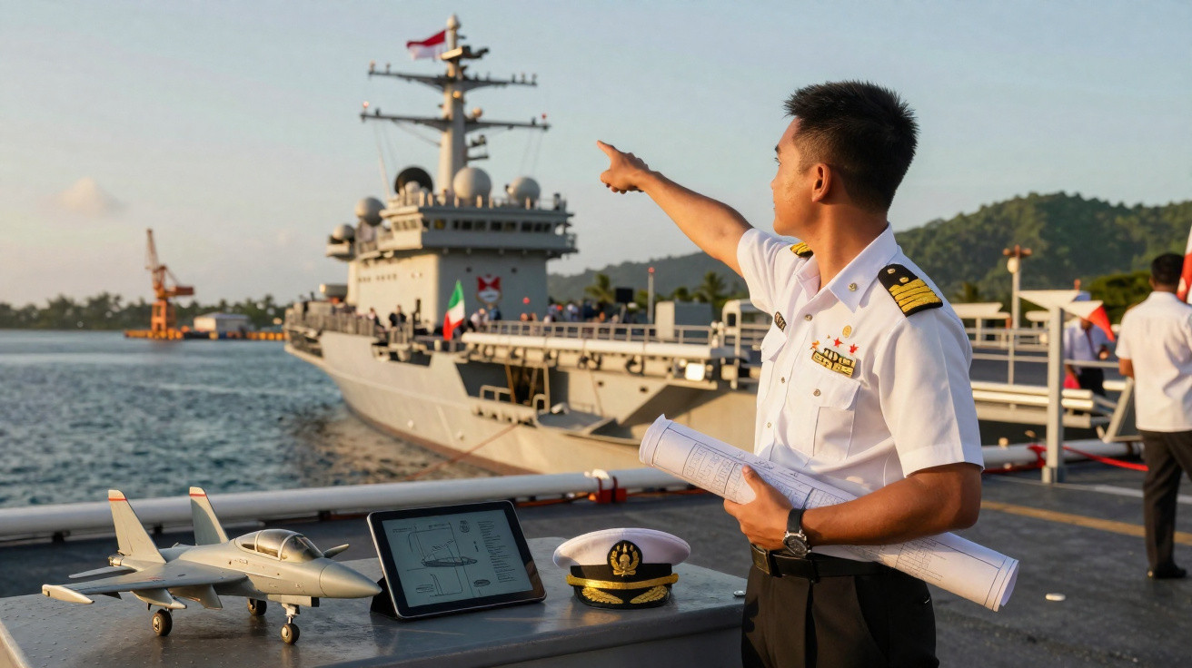 Oficial naval apontando para um navio militar enquanto observa modelos e planos na doca.