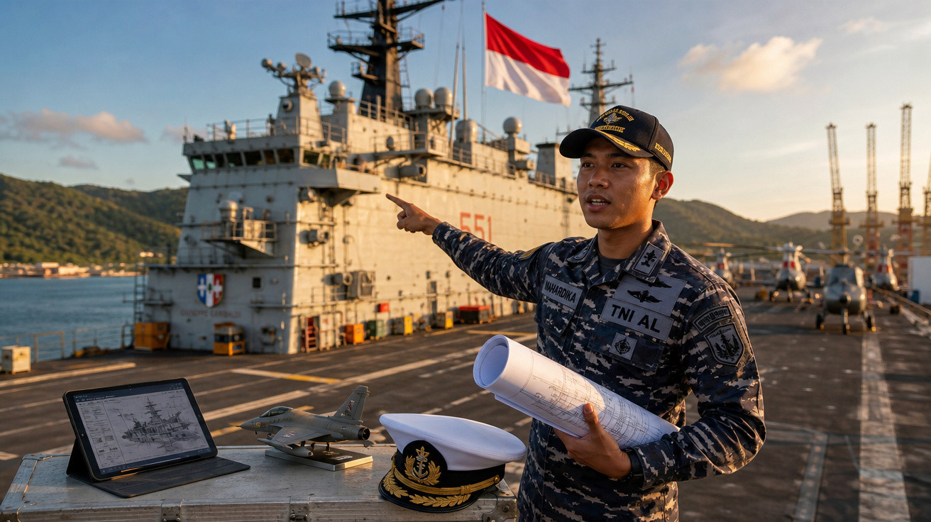 Militar naval em uniforme camuflado aponta para navio de guerra com bandeira da Indonésia ao fundo.