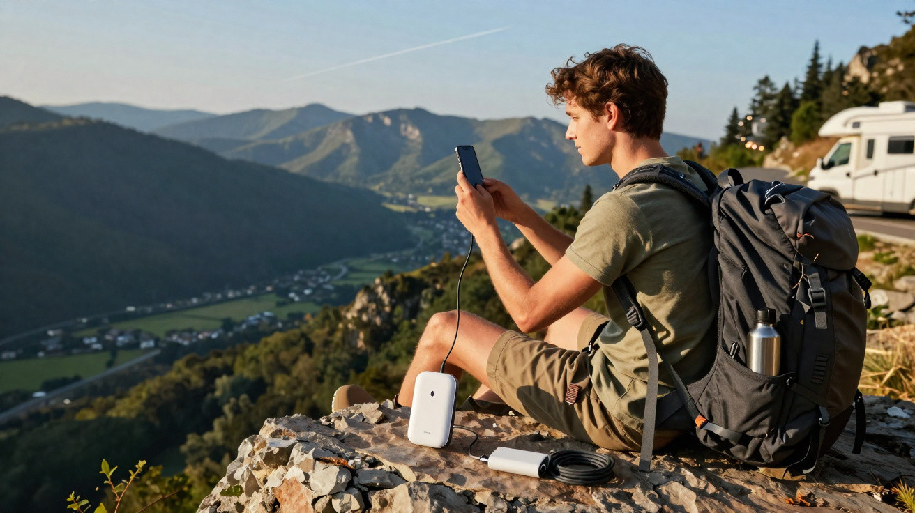 Jovem sentado em pedra na montanha usando celular, com mochila e equipamentos eletrônicos ao lado.
