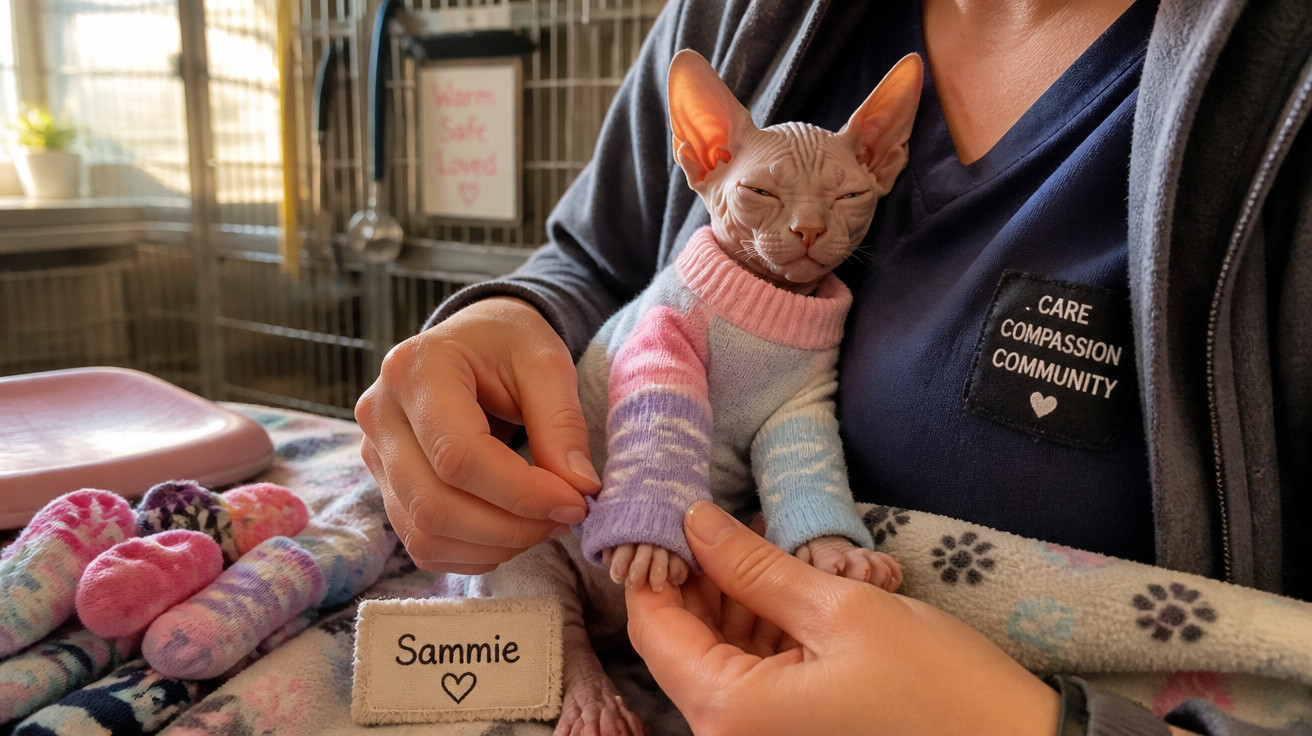 Gato Sphynx vestindo suéter colorido sendo cuidado por pessoa com blusa azul e jaqueta cinza.