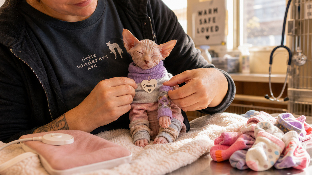 Pessoa veste um gato Sphynx com suéter colorido em ambiente claro e acolhedor, com meias ao lado.