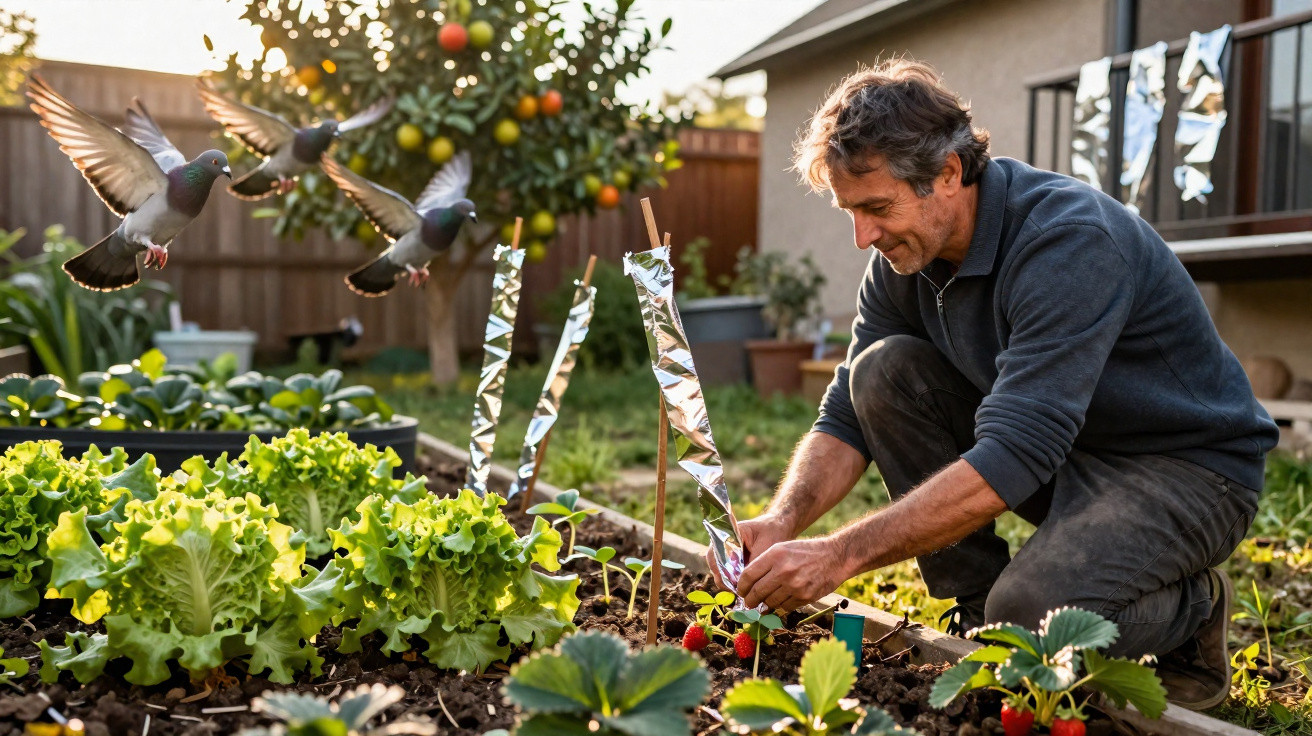Homem cuidando de plantas em horta caseira com pombos voando ao fundo em jardim ensolarado.