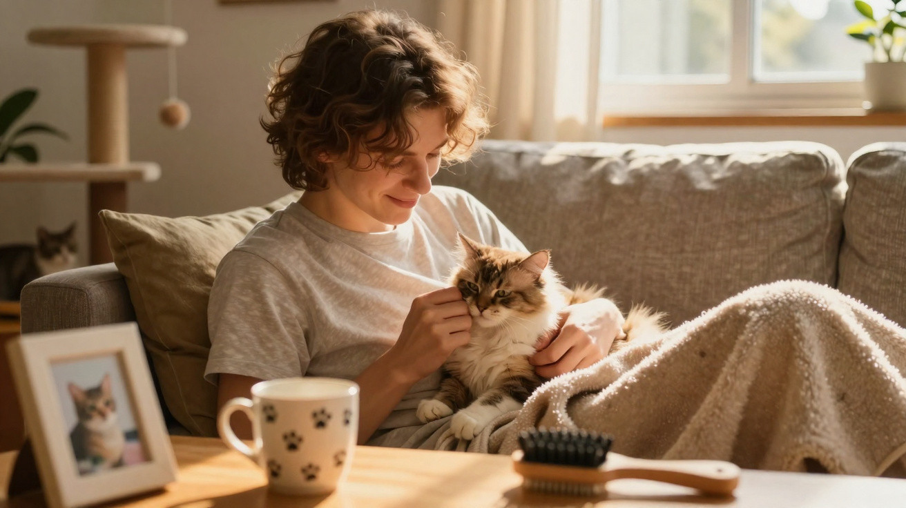 Pessoa sorridente acariciando gato no colo em sofá com coberta, xícara e porta-retrato com foto de gato na mesa.