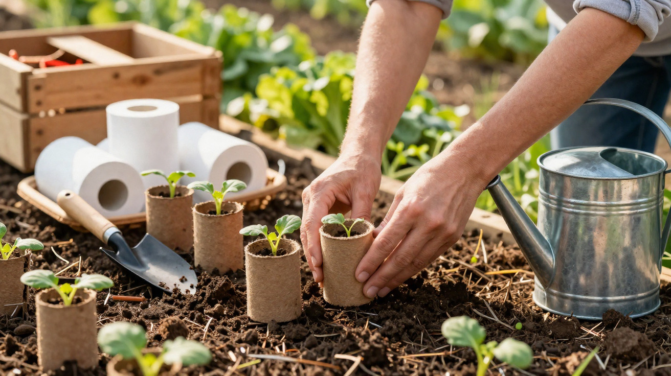 Mãos plantando mudas em copos biodegradáveis no solo com regador e ferramentas de jardinagem ao lado.