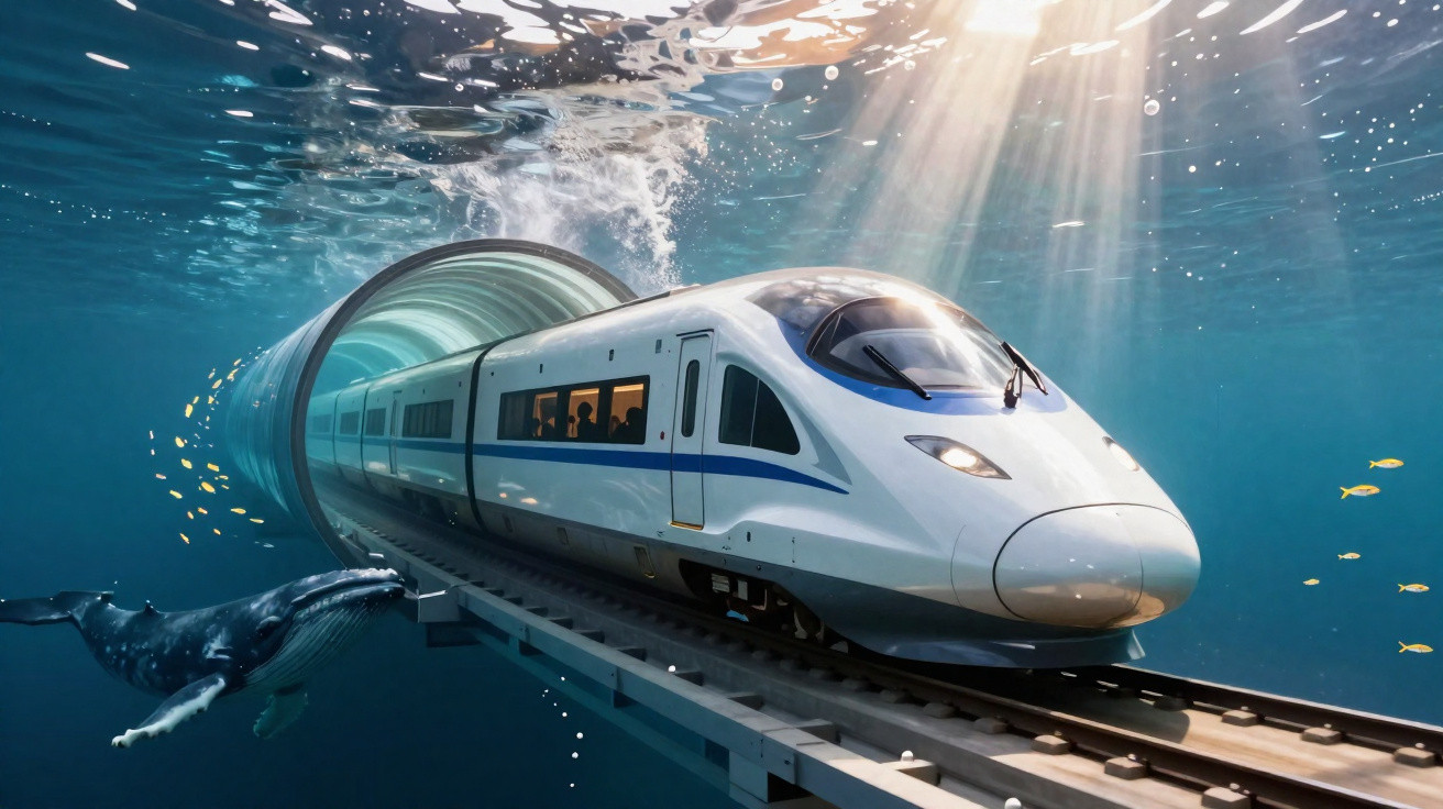 Trem moderno viajando por um túnel subaquático com uma baleia e peixes ao redor, luz solar penetrando na água.