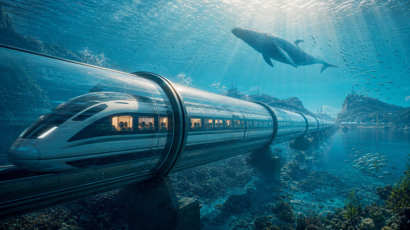 Trem futurista transparente viajando por um túnel subaquático com uma baleia e peixes ao redor.