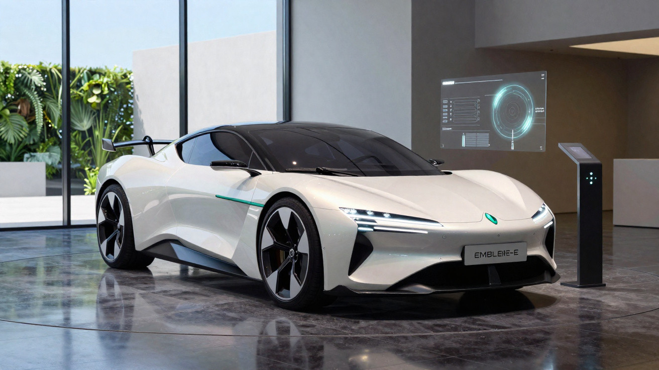 Carro esportivo branco elétrico exibido em ambiente moderno com painel holográfico ao lado.