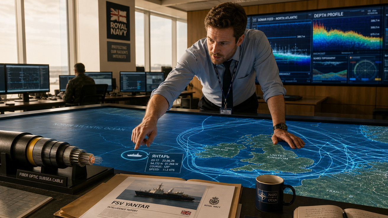 Homem analisa mapa digital estratégico da OTAN em sala com múltiplos monitores e documento sobre o navio FSV Yantar.