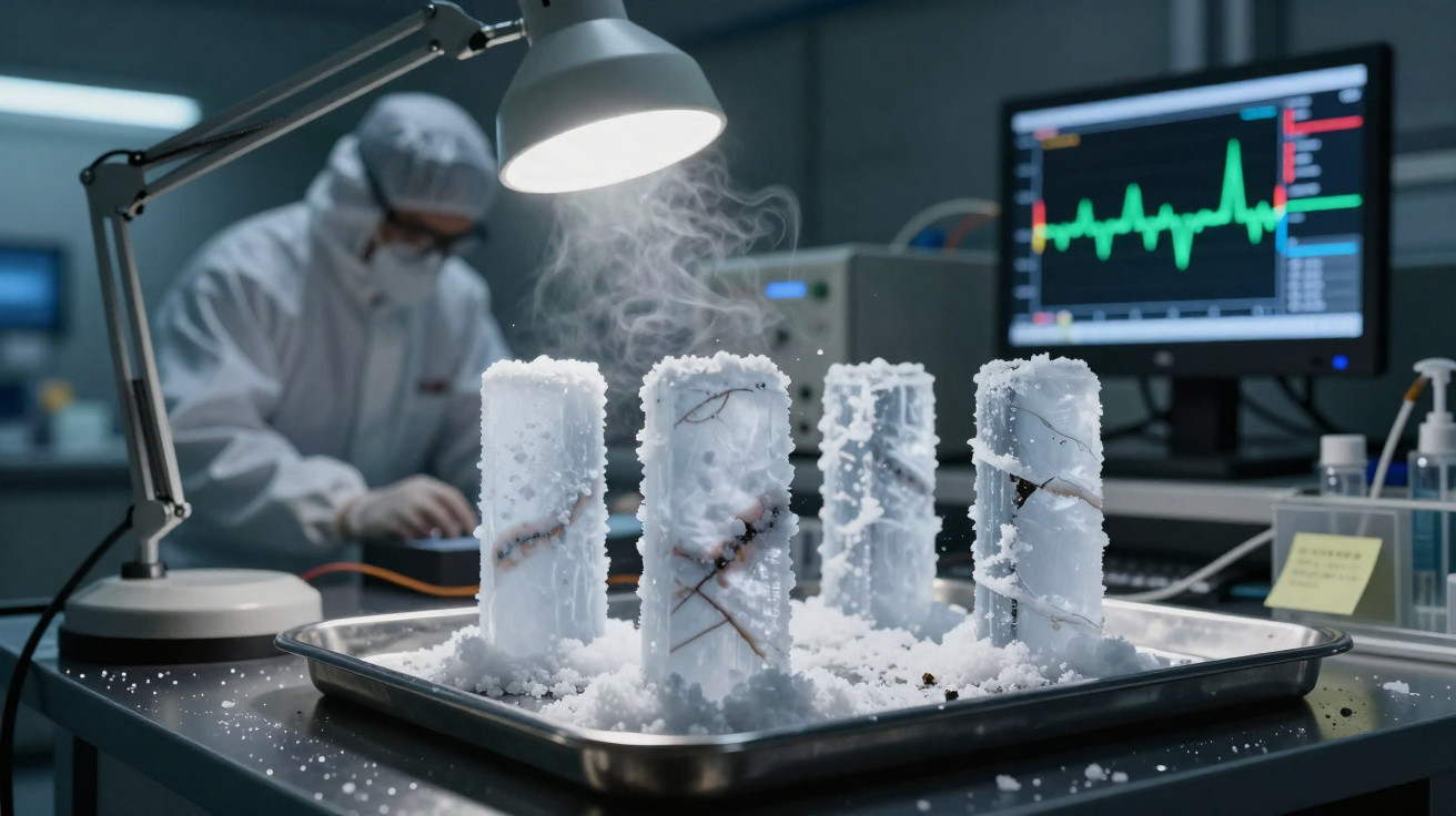 Tubos de ensaio congelados com gelo seco em bandeja de metal, cientista ao fundo e monitor de ritmo cardíaco.