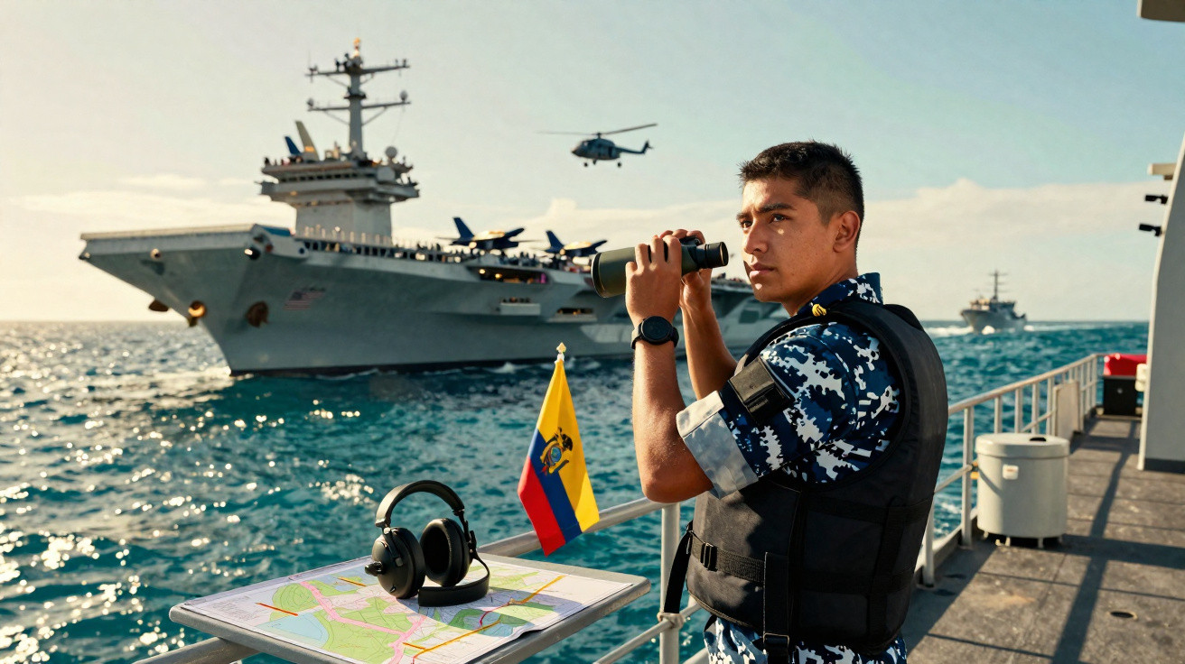 Marinheiro observa com binóculo navios de guerra e helicóptero no mar, com bandeira do Equador ao fundo.