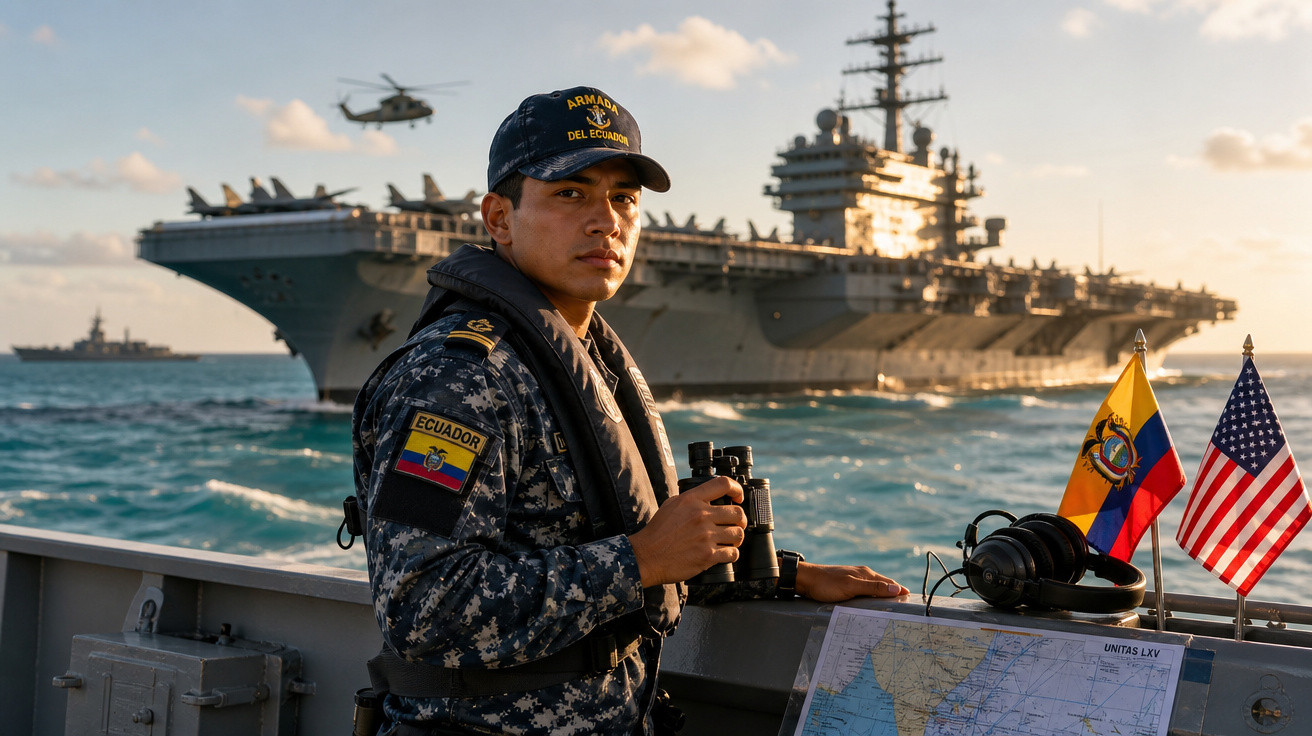 Marinheiro do Equador com farda e binóculos em barco, navio-aeródromo e helicóptero no mar ao fundo.