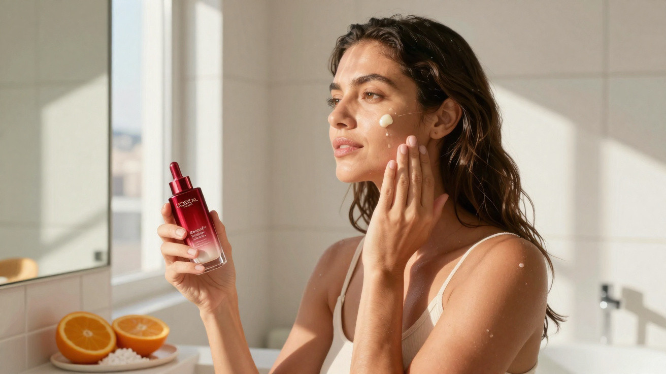 Mulher aplicando sérum facial em ambiente iluminado com mesa, laranja e produtos de skincare.