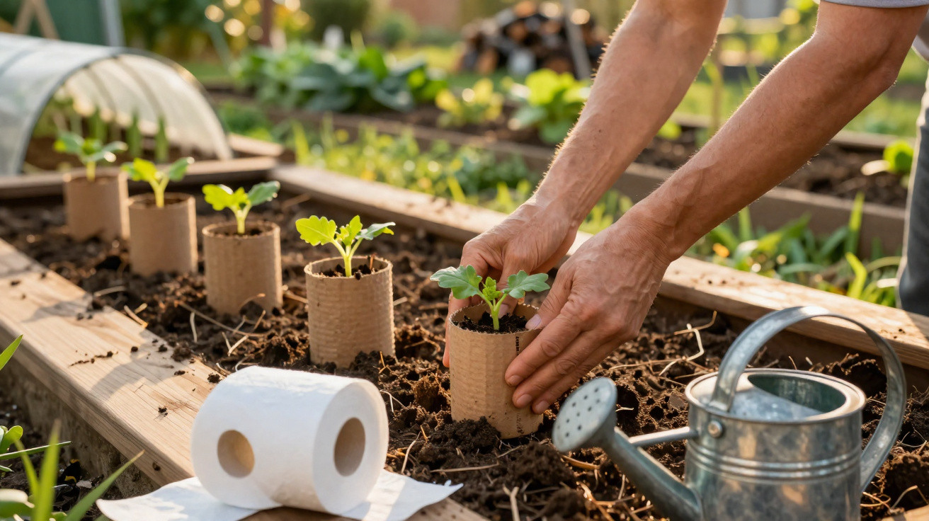 Mãos plantando mudas em canteiro usando tubos de papelão, regador metálico e rolo de papel toalha ao lado.