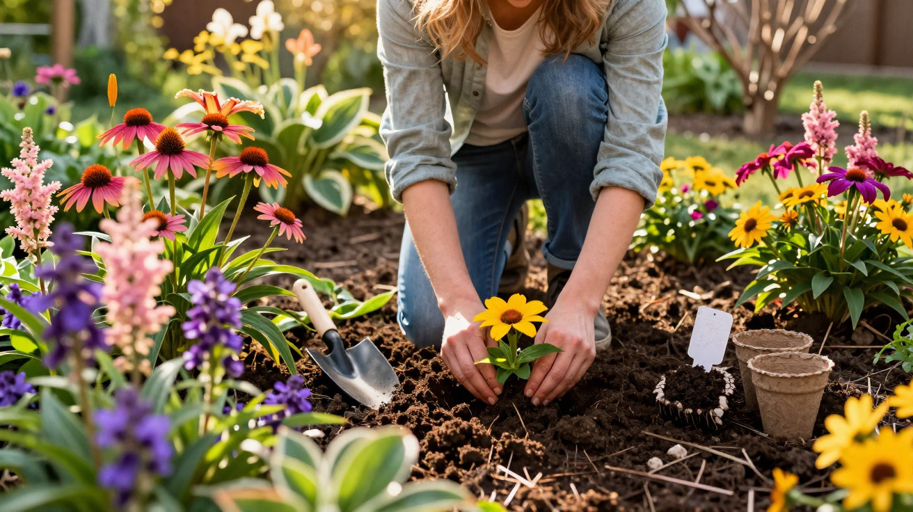 Pessoa plantando flor amarela em jardim com várias flores coloridas ao redor em dia ensolarado.