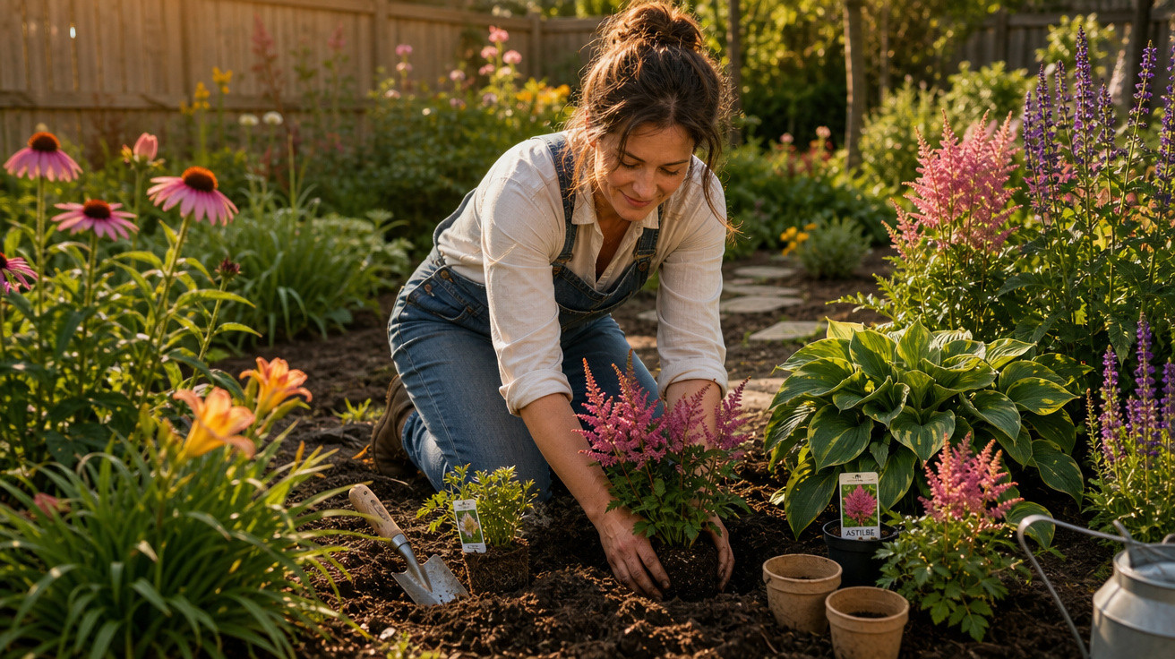 Mulher plantando flores cor-de-rosa em jardim ensolarado, cercado por plantas verdes e coloridas.