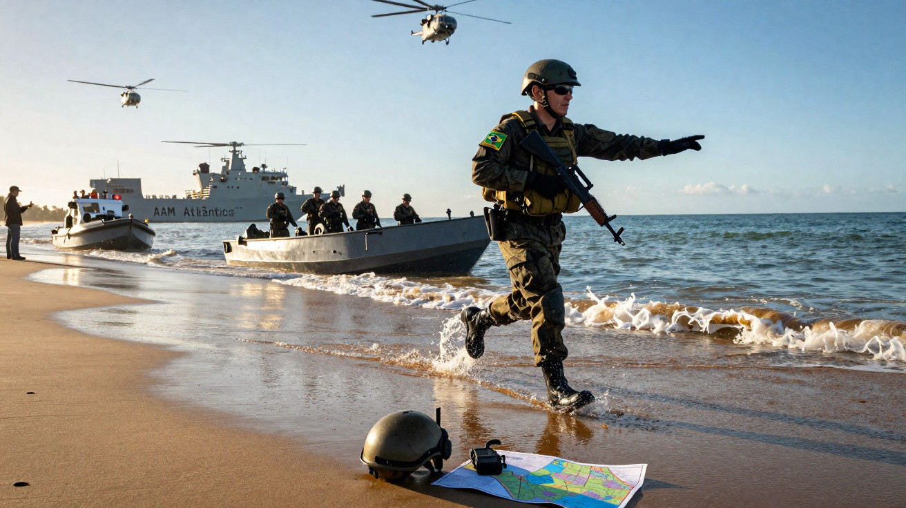 Soldado brasileiro armado corre na praia durante exercício militar com helicópteros e navio ao fundo.