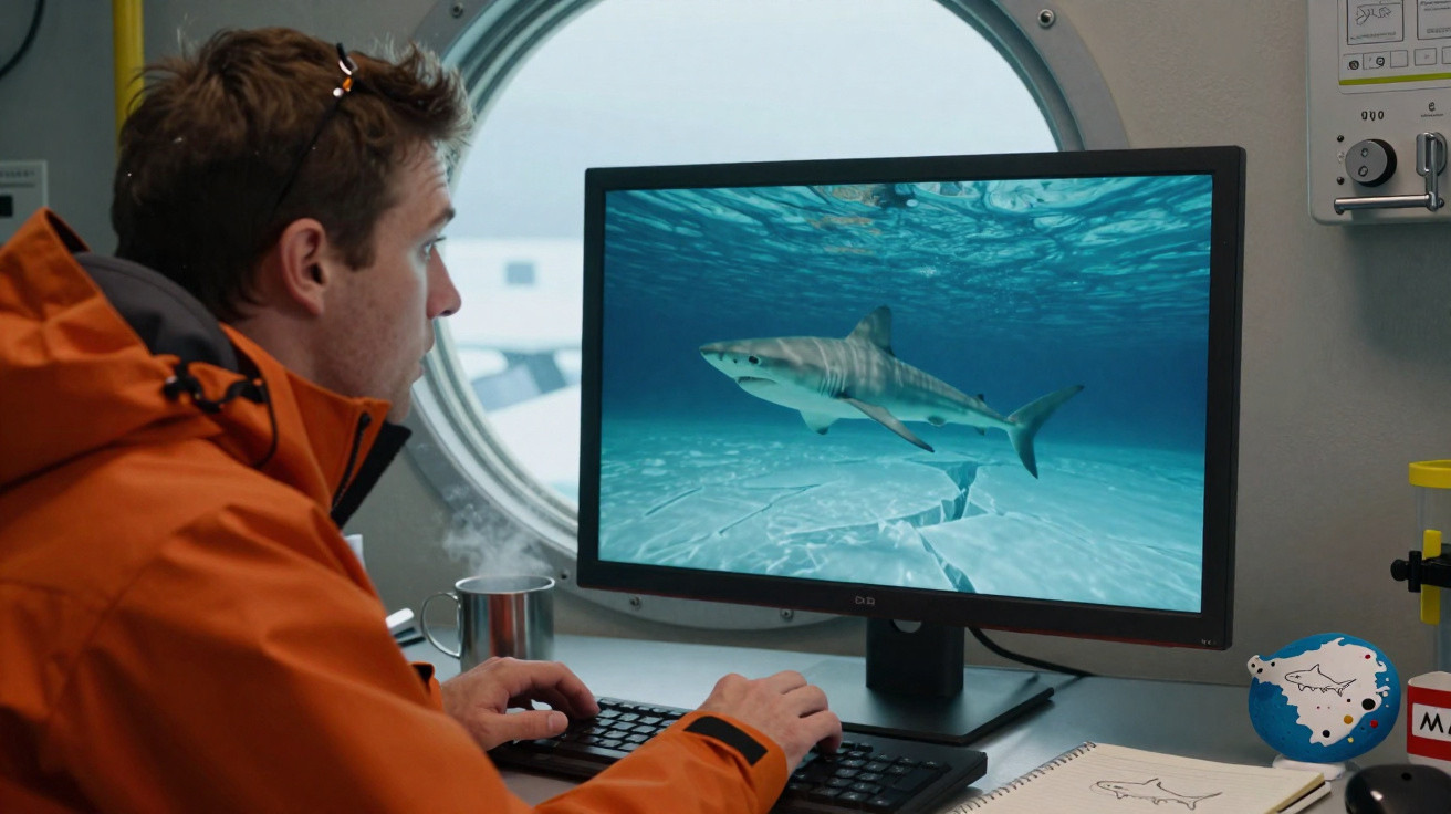 Homem em jaqueta laranja observa tubarões em monitor dentro de submarino ou laboratório subaquático.
