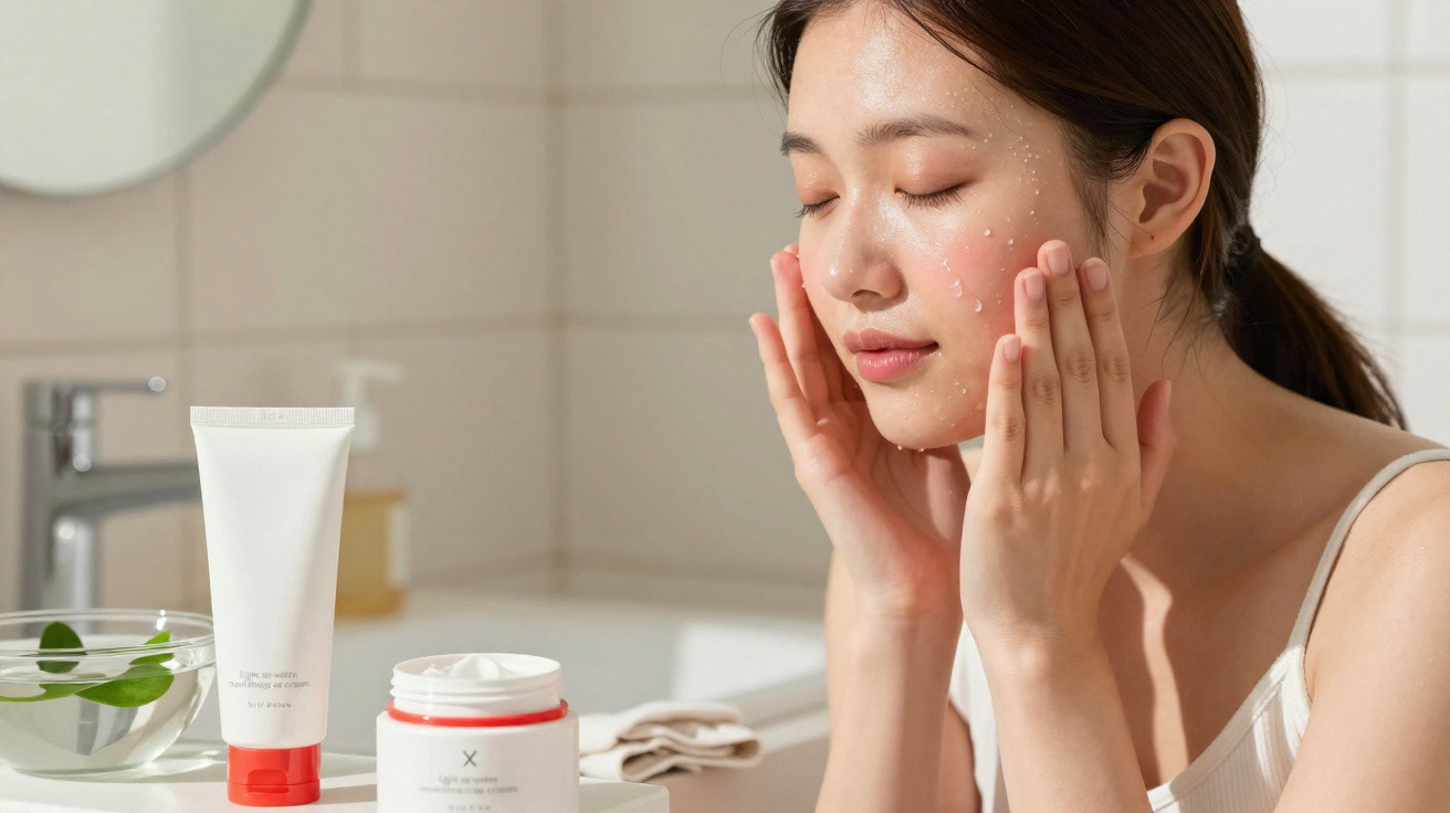 Mulher aplicando creme hidratante no rosto em banheiro com produtos de skincare ao lado.