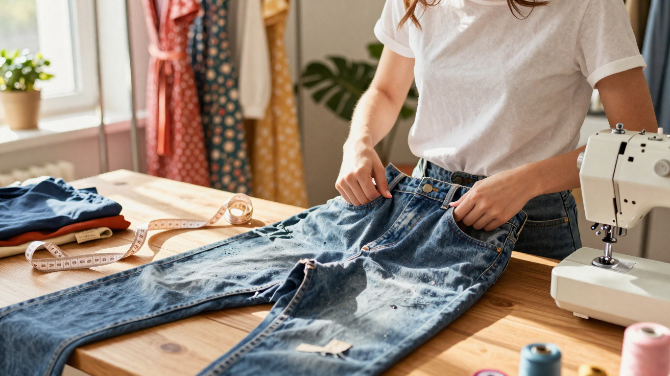 Pessoa ajustando calça jeans em mesa com máquina de costura, linhas e fita métrica em ambiente iluminado.