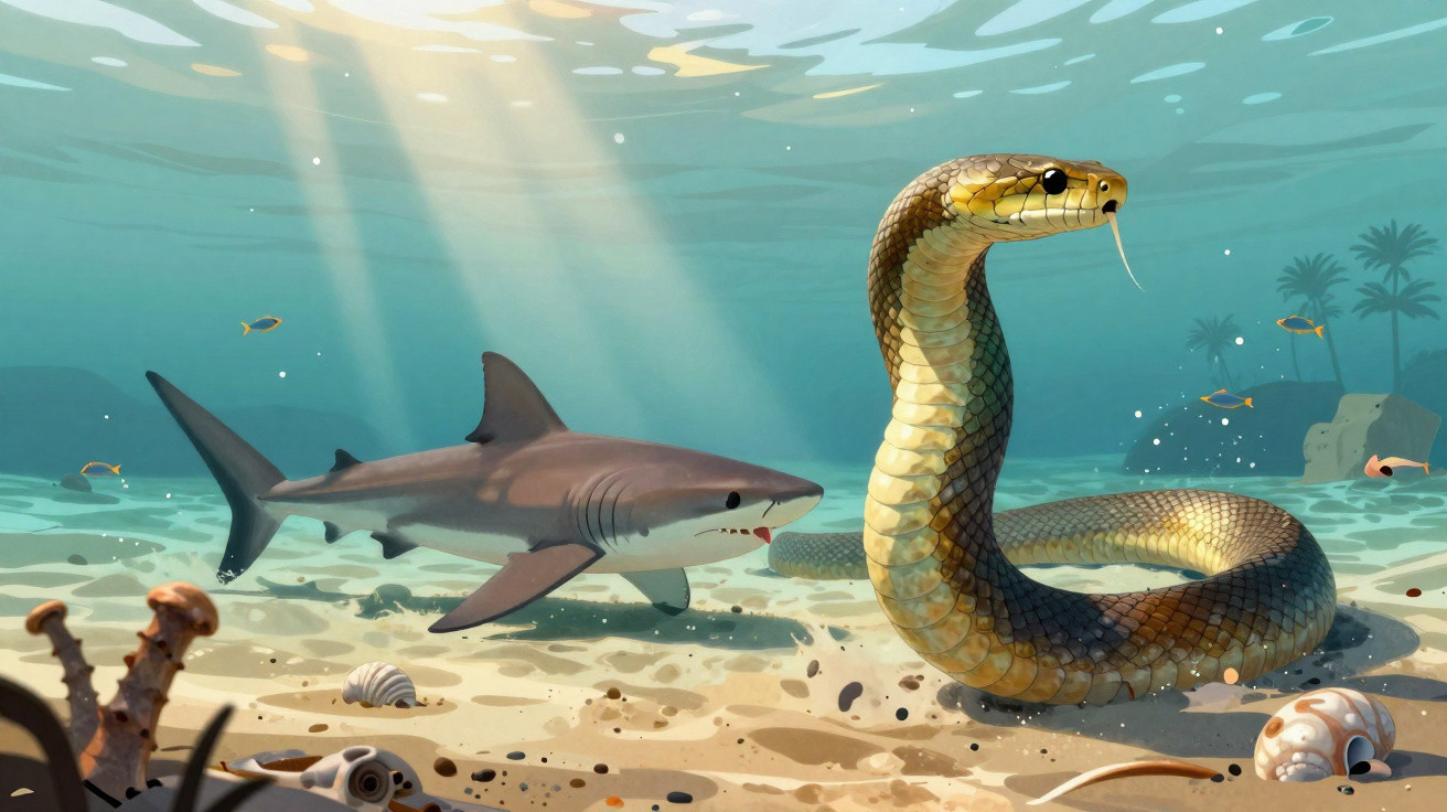 Cobra subaquática e tubarão nadando próximos ao fundo do mar com conchas e peixes ao redor.